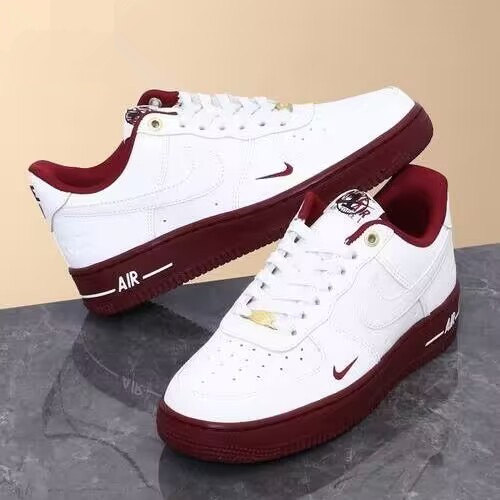 Men's Air Force 1 Low White Burgundy Shoes 0249